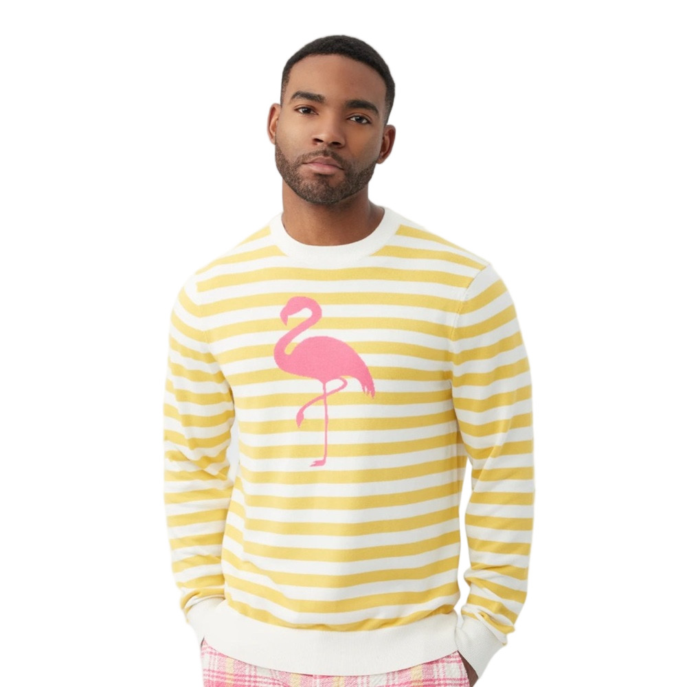 πΎMR TURK James crewneck Yellow and White Striped Flamingo Sweater size L NWT.. - Picture 3 of 7